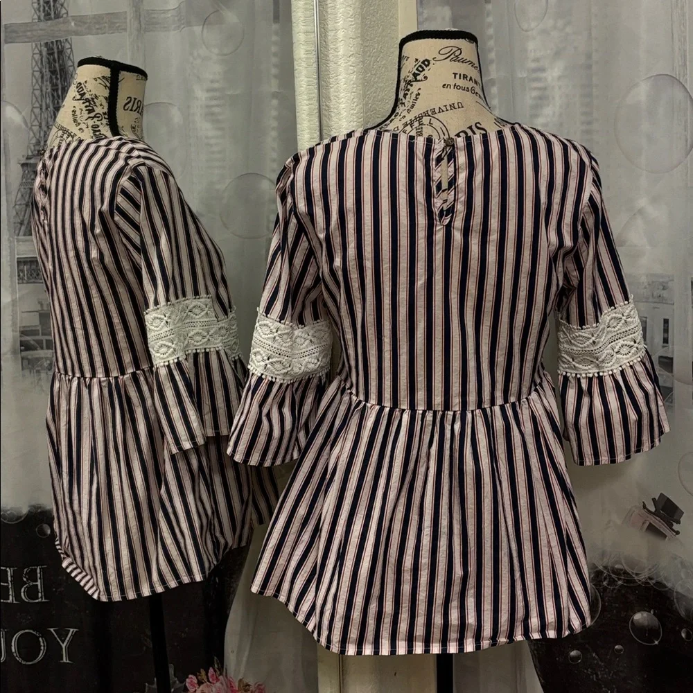 Lipslide Striped Peplum Lace-Trim Top - Picture 3 of 6